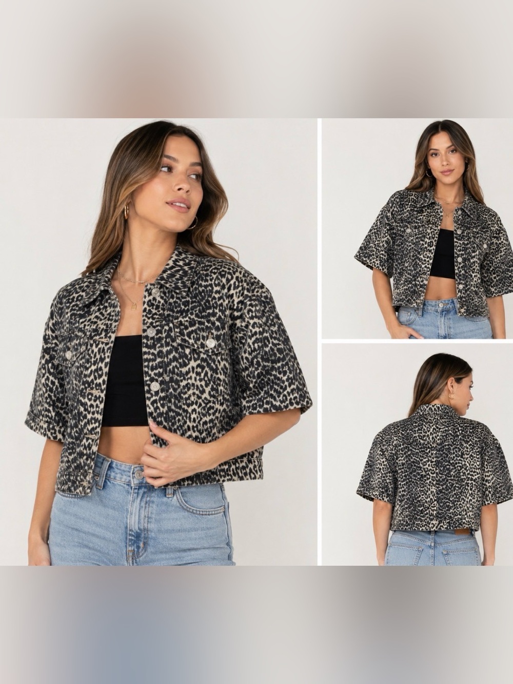 NWT STEVE MADDEN LEOPARD PRINT CROPPED DENIM JACKET SIZE M SHORT SLEEVE